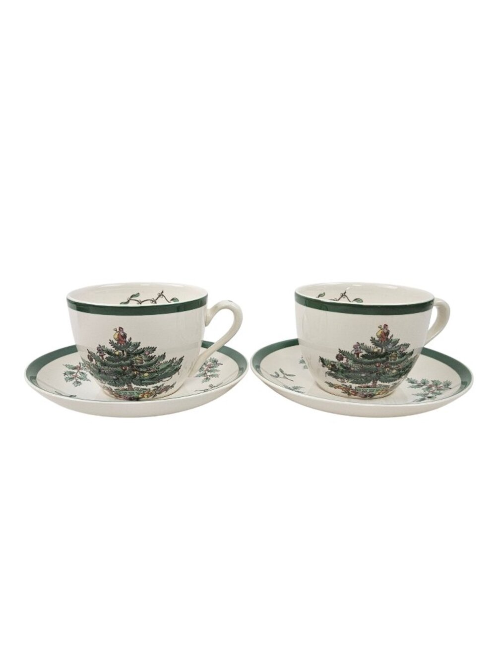 Spode Christmas Tree Tea Cups Saucers Set of 2 Vintage England Holiday Table